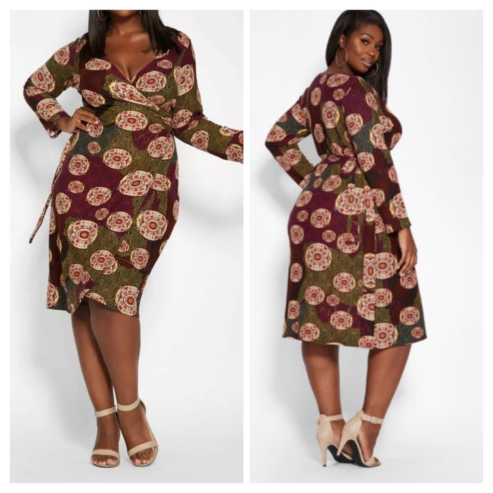 Ashley Stewart Flannel Wrap Around Olive Red Dress